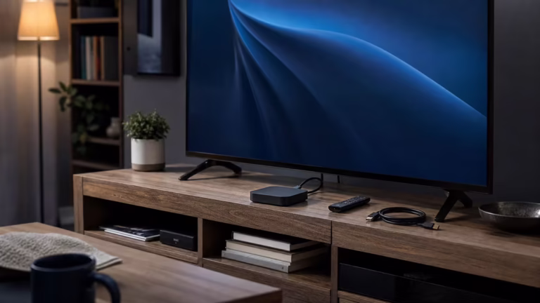 Unbranded streaming box, remote and HDMI cable beside a television.