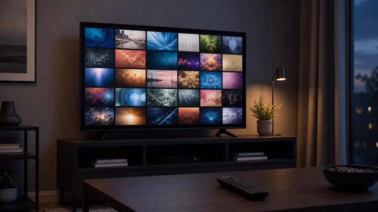 Television displaying an abstract grid of entertainment choices in a living room.