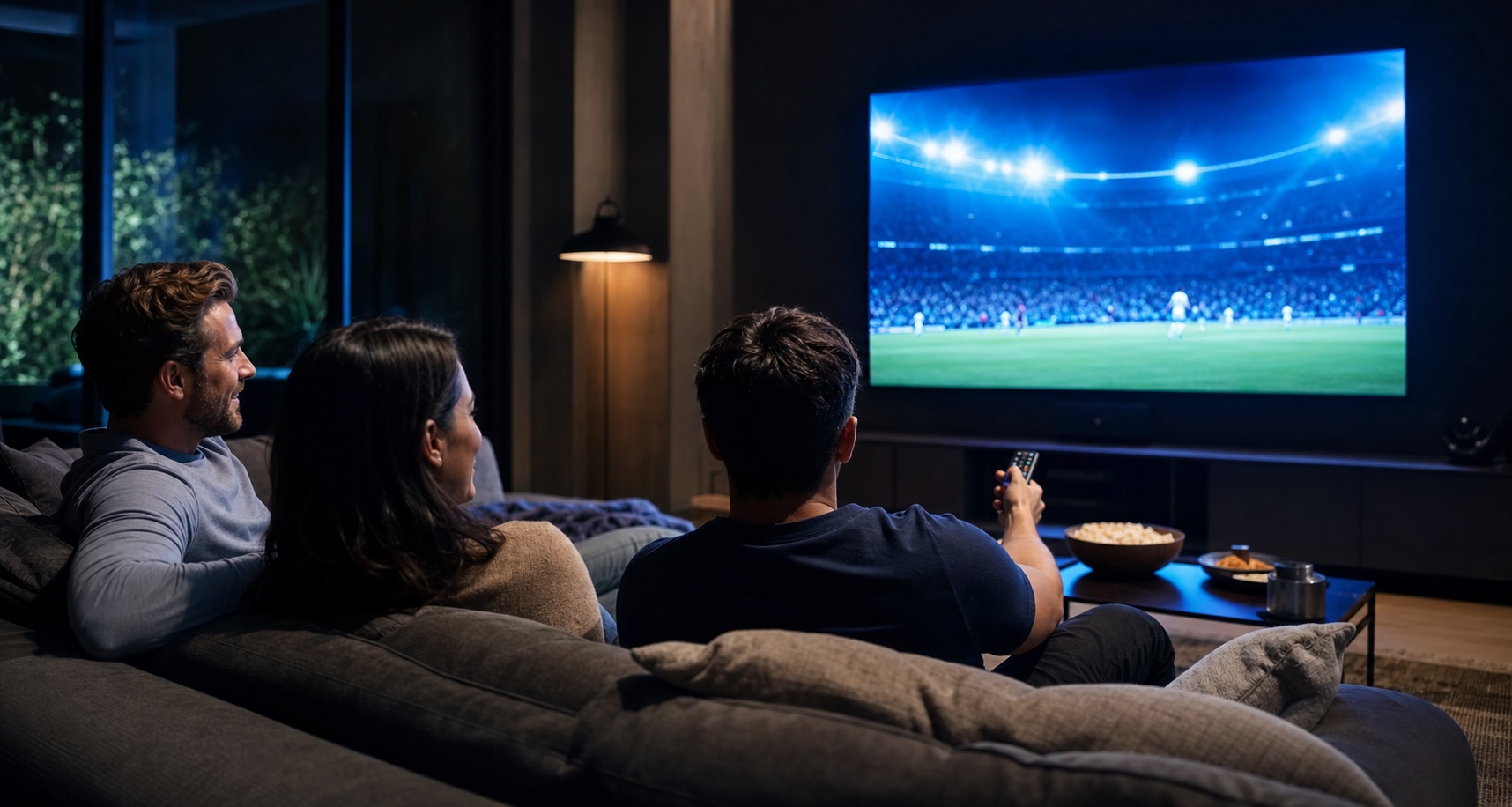 Friends checking an entertainment setup together in a modern living room.