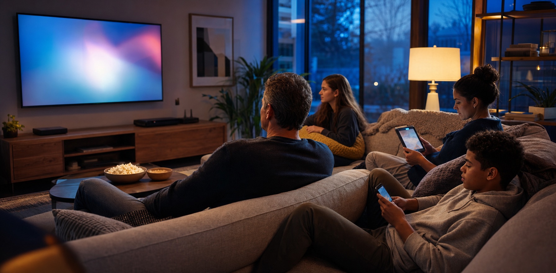 A household using a television, tablet and phone in a living room.