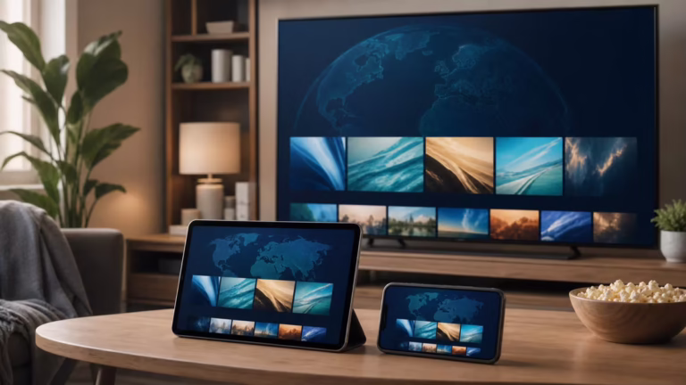 Television, tablet and phone displaying abstract international entertainment choices.