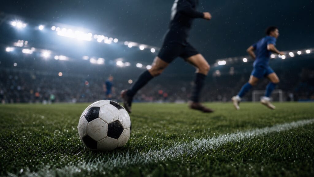 A generic football match under stadium lights without team or broadcaster branding.