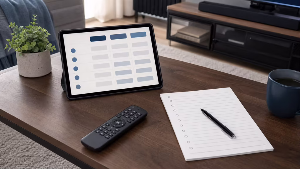 Tablet comparison layout, blank checklist and remote prepared for a subscription decision.
