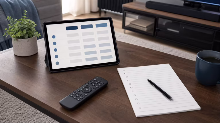 Tablet comparison layout, blank checklist and remote prepared for a subscription decision.